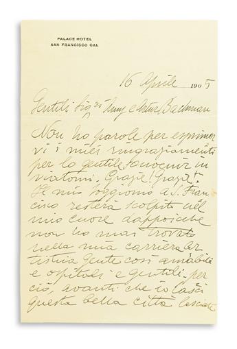 CARUSO, ENRICO. Small archive of 5 Autograph Letters Signed, ECaruso or in full, to Amy Bachman, in Italian, French, and English,